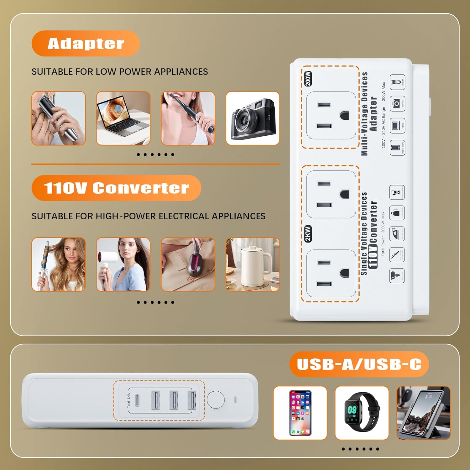 220v to 110v Travel Voltage Converter: International Universal Voltage Converter US to Europe Power Strip Plug Transformer - 2000W Electric Hair Dryer Step Down Outlet Converters for European UK EU - Image 7
