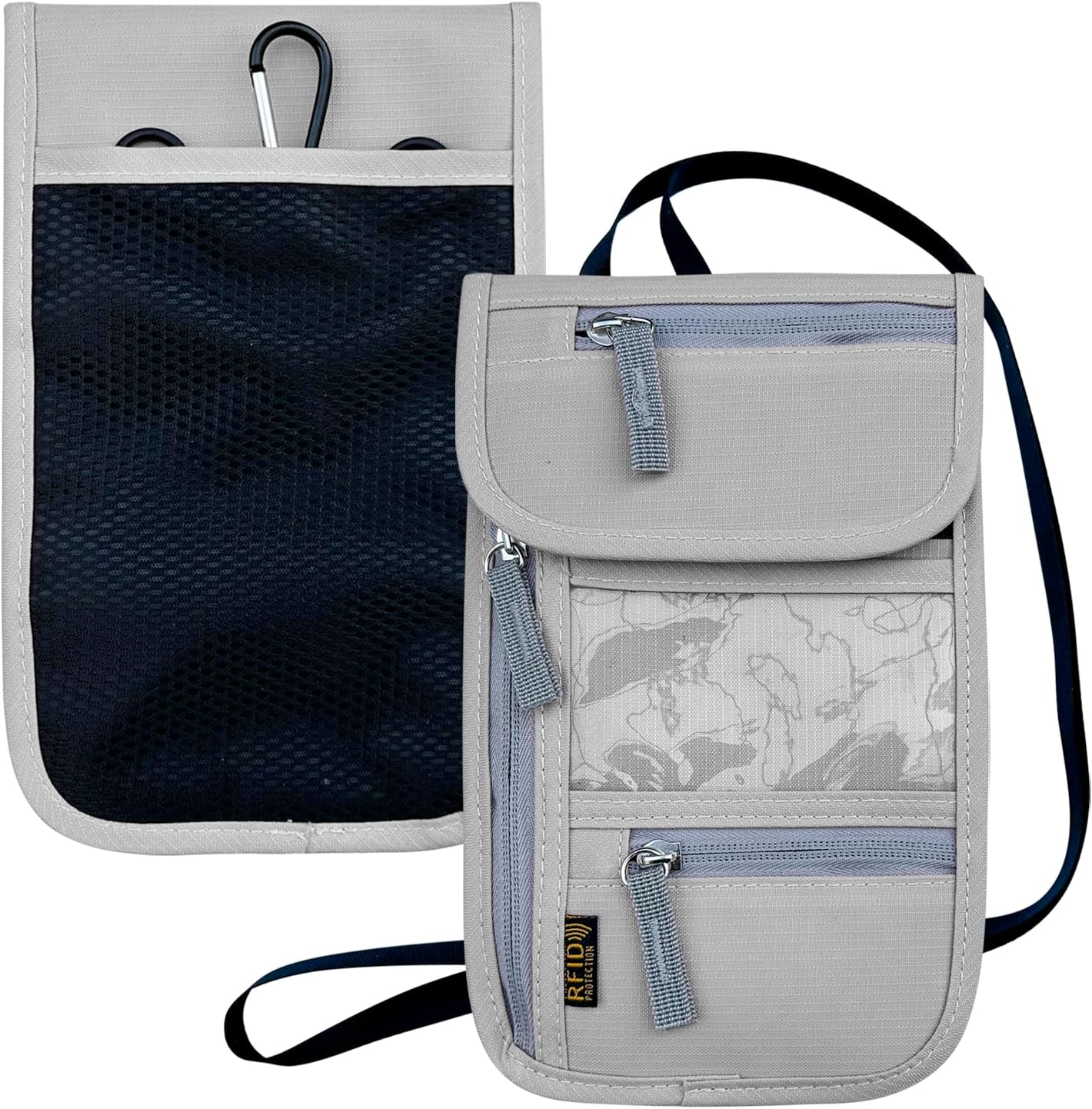 Travel Neck Wallet, RFID Blocking Passport Holder with Adjustable Neck Strap for Men and Women to Keep Cash, Credit Cards and Travel Documents Safe - Grey