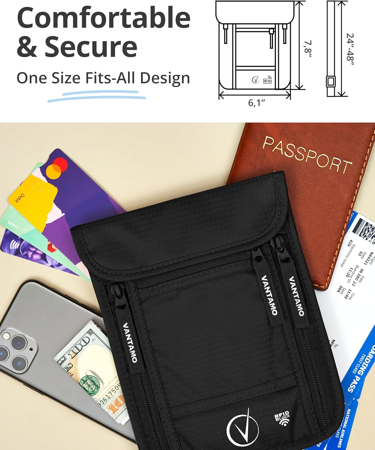 Premium Neck Wallet Travel Pouch and Passport Holder, RFID Protected, Fits Passport with cover. Passport Holder Neck For Men and Women - Image 4
