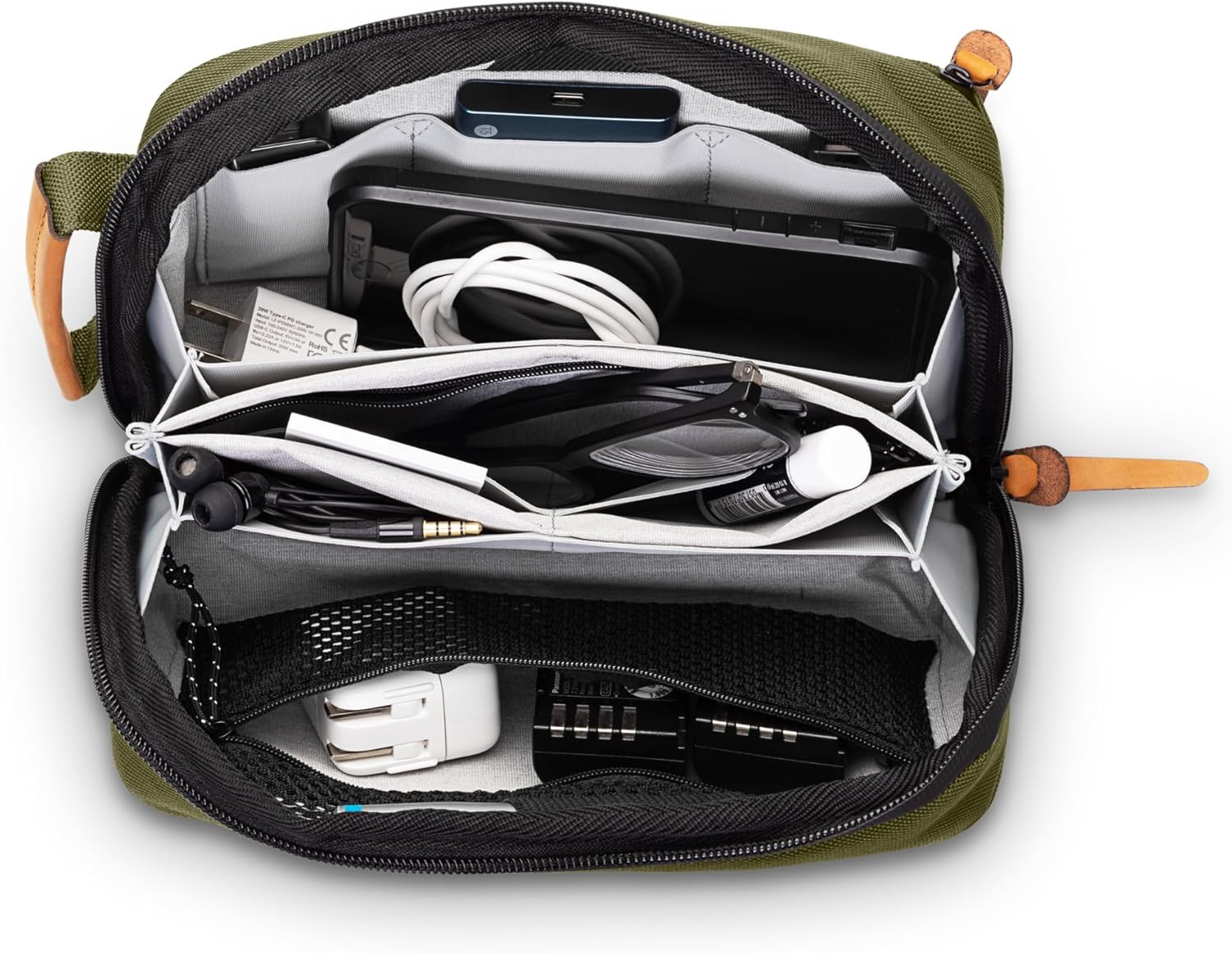 Tech Bag Organizer - Small Electronics Organizer Pouch for Travel - Premium Travel Case with Leather Accents - Mesh Pocket for Cables, Cords and Chargers (Green) - Image 3