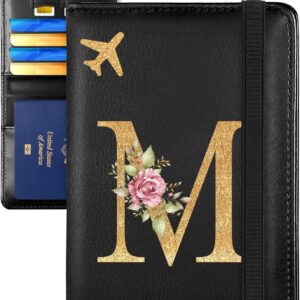 Slohif Initial Passport Holder Cover Wallet Case for Travel Women - Leather Letter Passport Book Family Multiple Personalized Organizer Card Slots Protector Sleeve Essentials Slim Carrier Black M