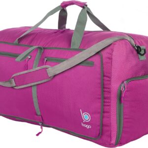 Bago Foldable Duffel Bags for Traveling Women & Men - 60L Medium Packable Duffle Bag for Travel with Shoe Compartment - Water Repellant, Heavy Duty, Lightweight Folding & Collapsible (Pink)