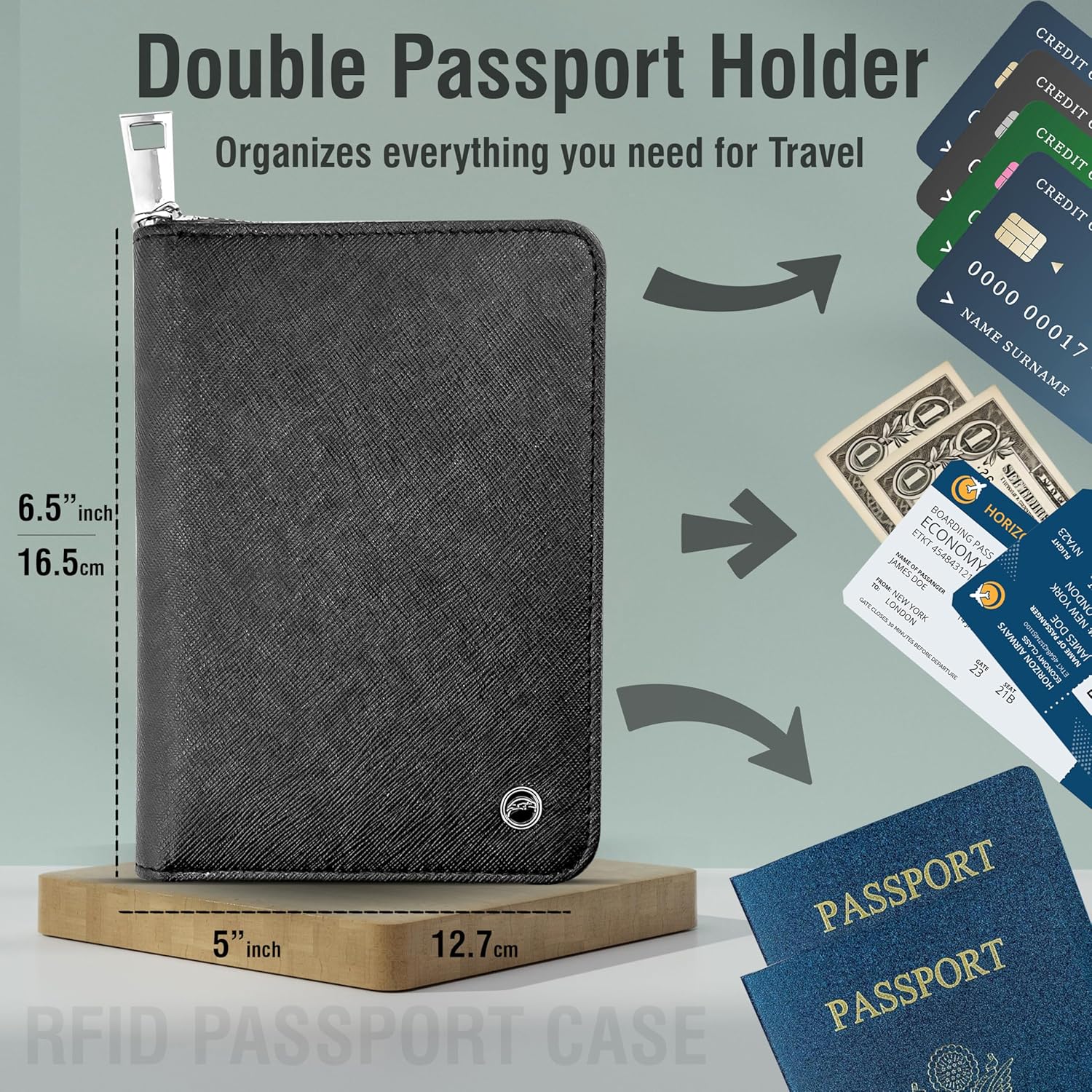 RFID Travel Wallet Passport Holder w/Zipper - Organizer Bag for Travel Documents – Safety Essentials Cover for Men Women - Image 2